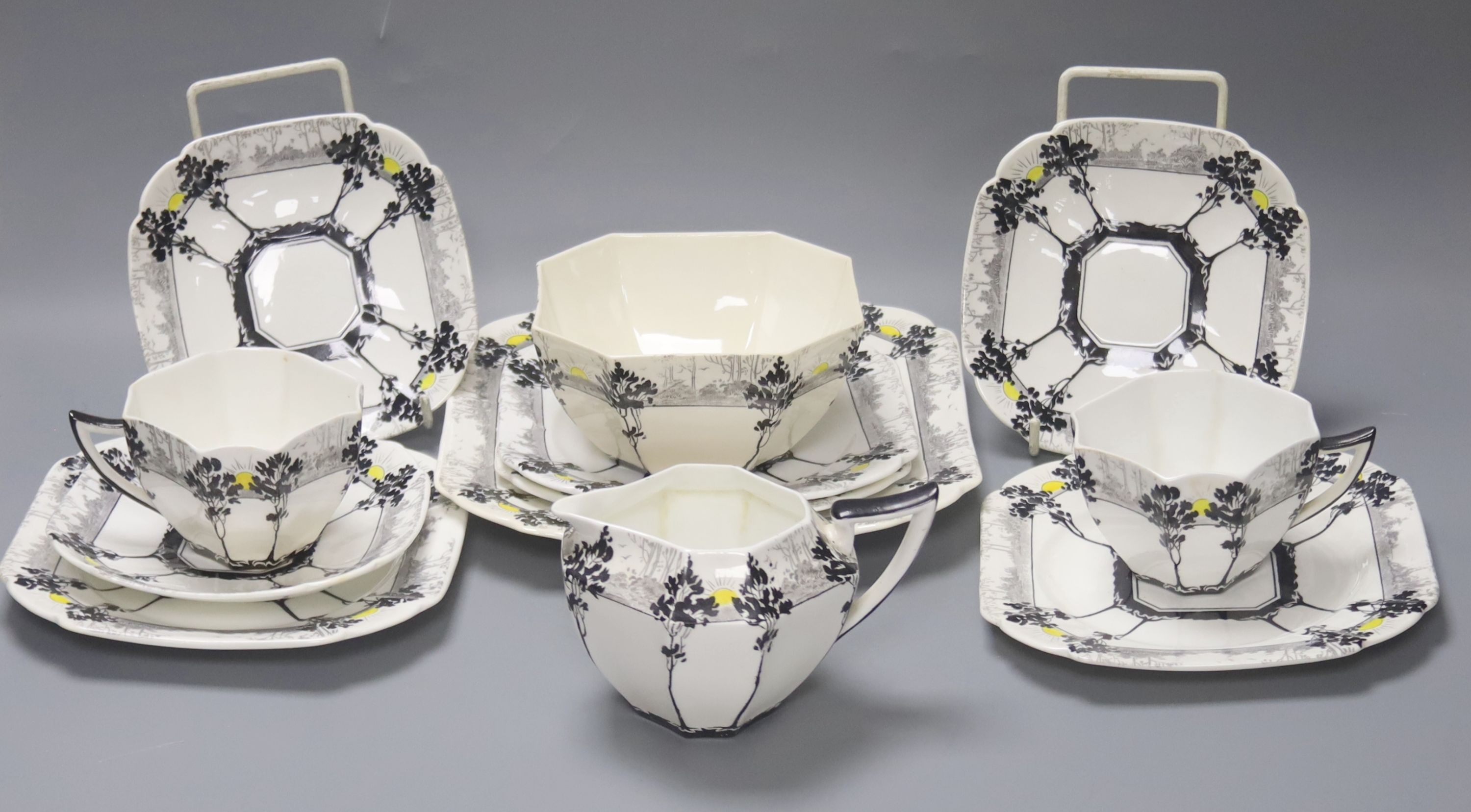 A Shelley Art Deco 'Sunrise and Tall Trees' pattern tea set